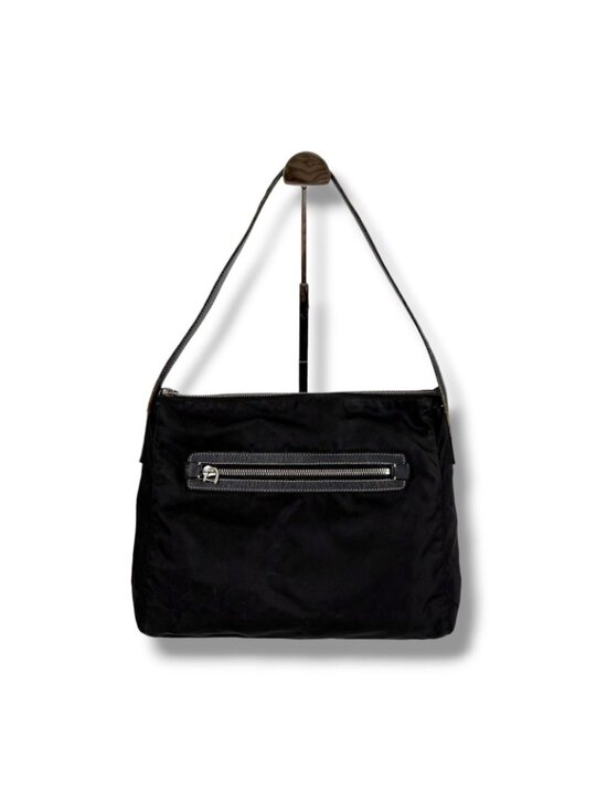 Prada Triangle Logo Shoulder Bag Hobo Black Tessuto Nylon Leather